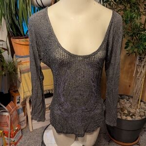 Woman's Grey Mesh Harley Scoopneck LS Glitter Yarn Tee Sz Sm